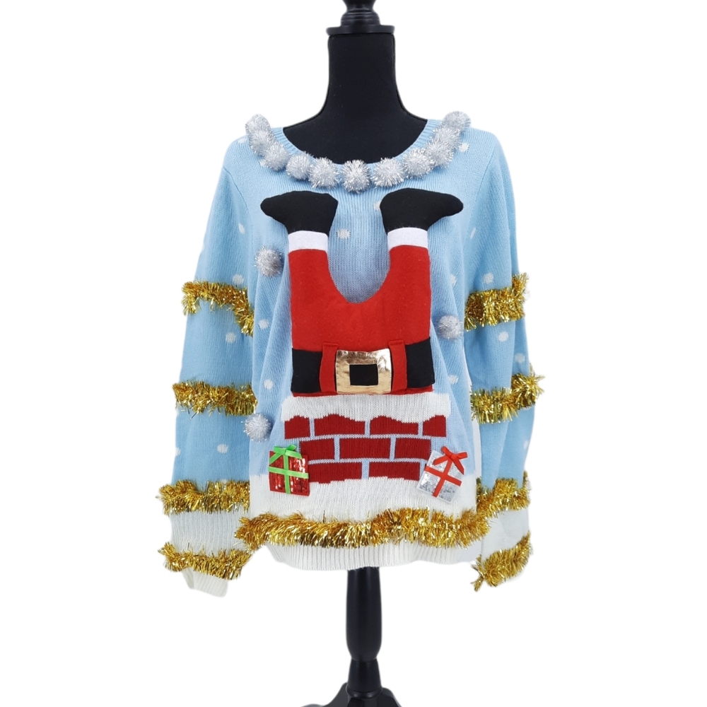 Christmas Santa Holiday Ugly Sweater Gold Garland Silver Pom Pom Sequin Presents